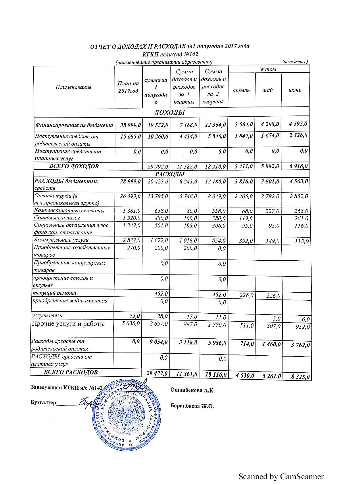 Отчет о доходах и расходах за 1 полугодие 2017г