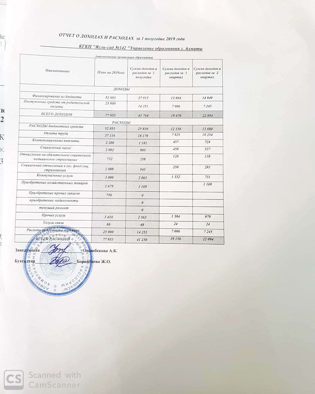 Отчет о доходах  и расходах на 1 полугодие 2019г