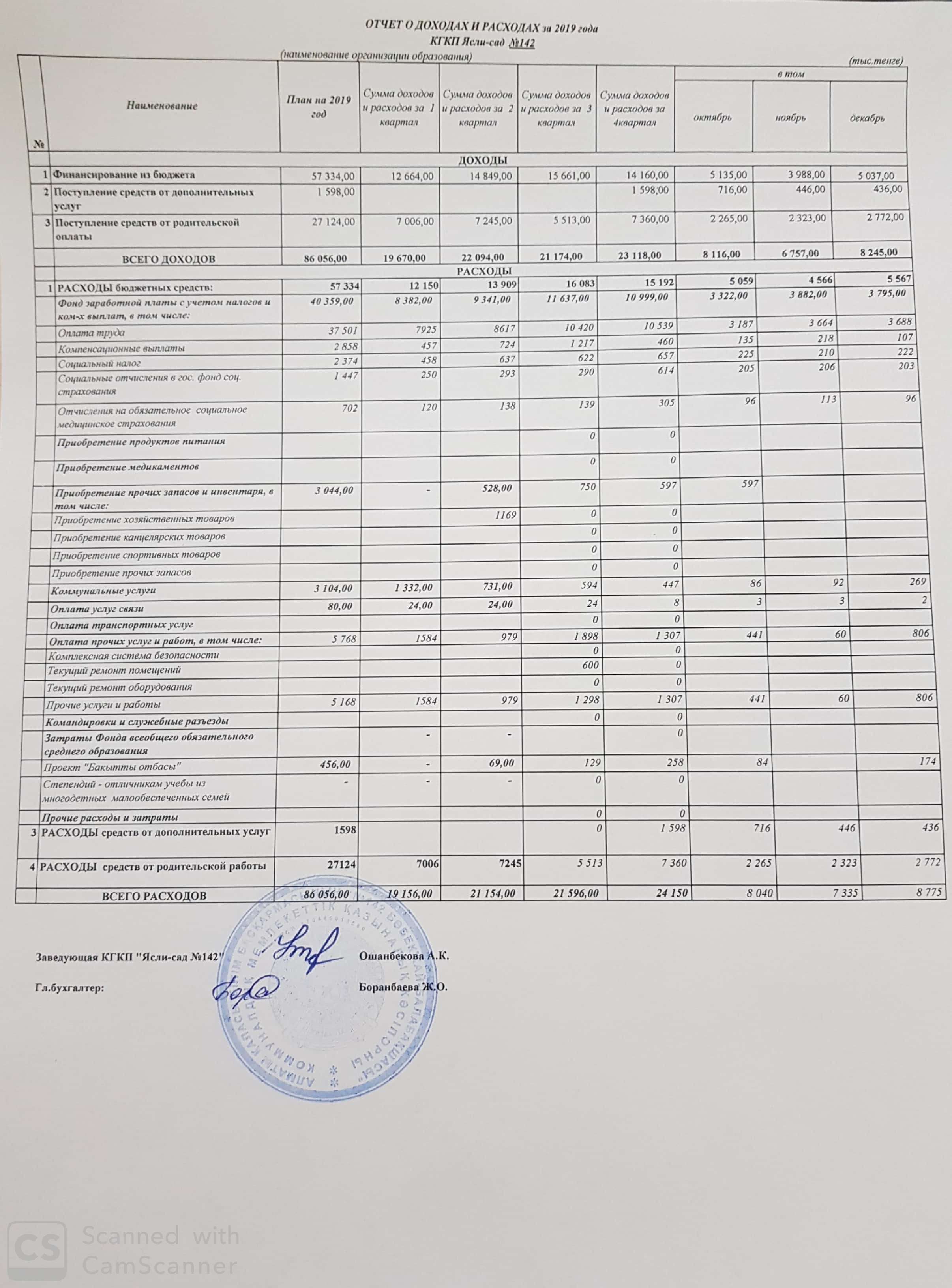 Отчет о доходах и расходах за 2019г