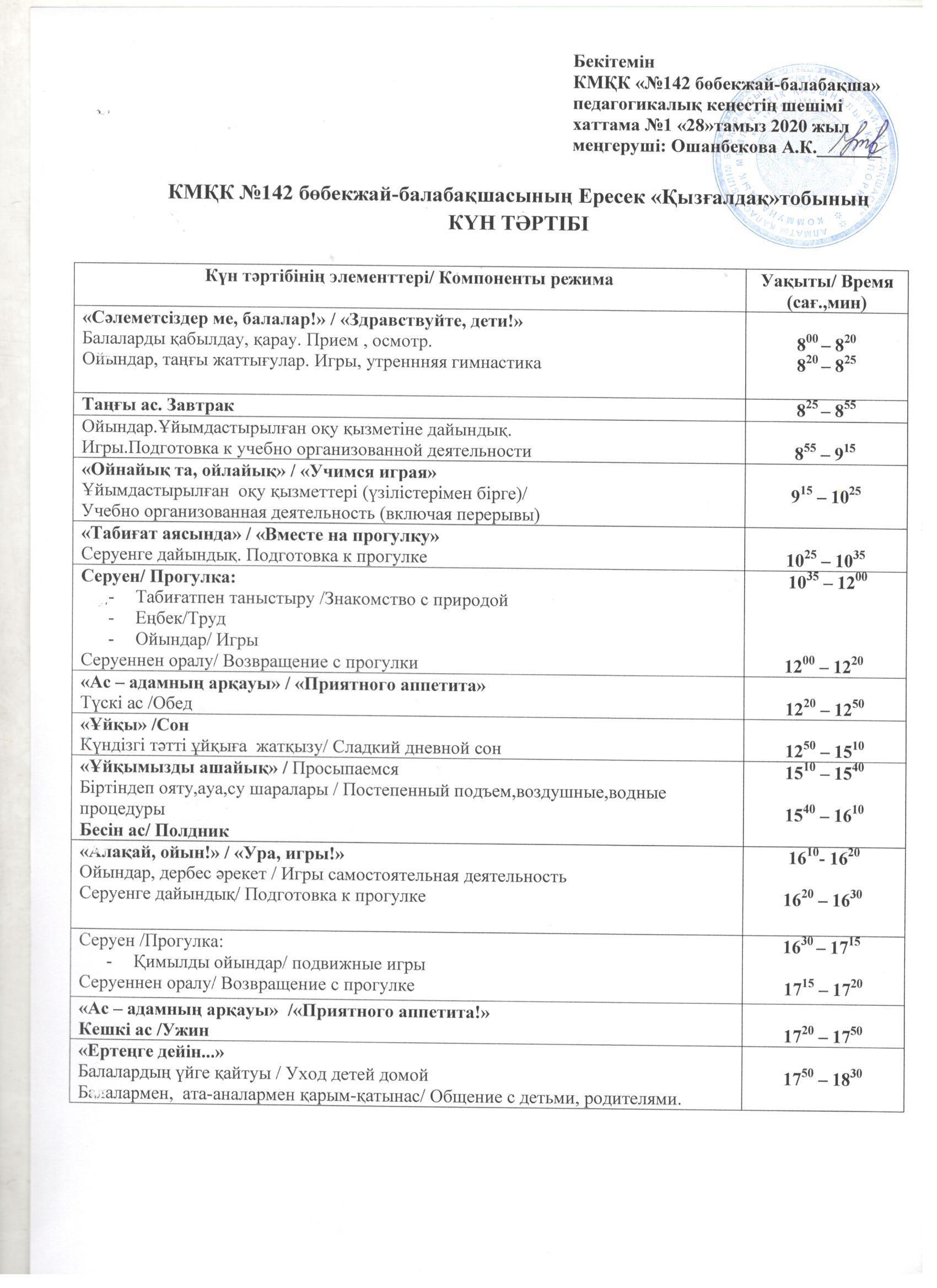 КМҚК "№142 бөбекжай-балабақшасының" ересек "Қызғалдақ" тобының күн тәртібі