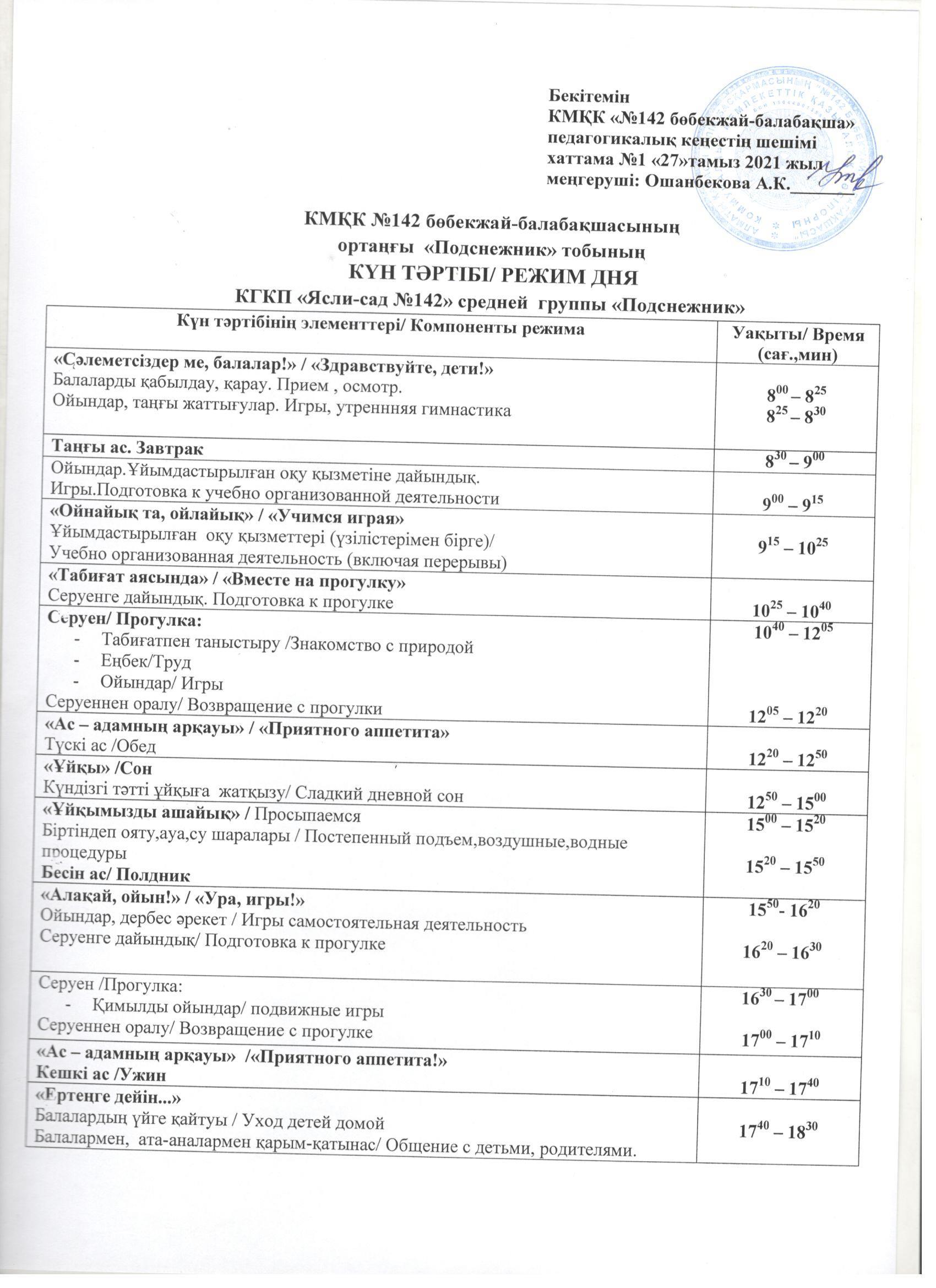 Режим дня средней группы "Подснежник"